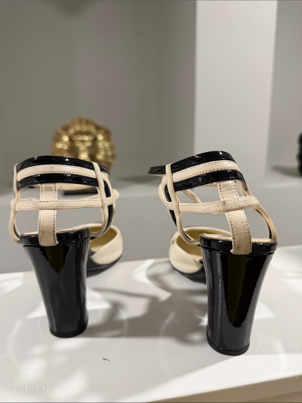 CHANEL Ivory Leather Heels with Black Patent Toe Cap - Picture 5 of 5